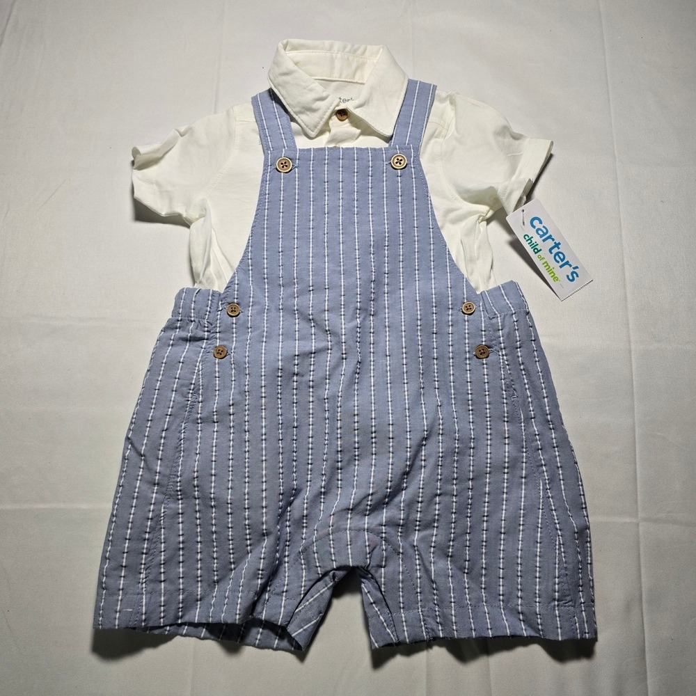 Carters Baby Boys 12m Blue Striped Overalls and White Shirt‎ Outfit NWT